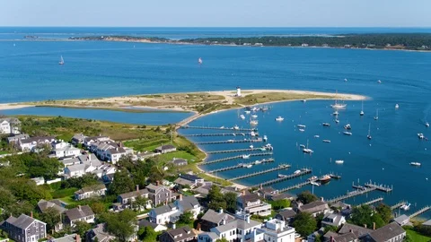Aerial Drone, Martha's Vineyard Edgartown Lighthouse, Harbor Boats Coast Stock Footage