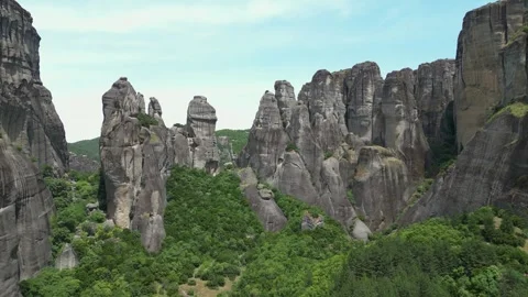 Aerial Drone Meteora, Greece. Fly Upwards View of Famous Rock Formations. M.. Stock Footage 334893940