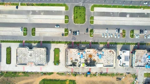 Aerial drone moving back straight down show showing midway rest area pitstop on Stock Footage 305934627