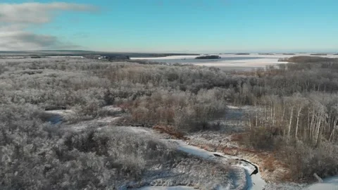 Aerial from drone moving forward and turning to the right over a winter landscap Stock Footage 144854281