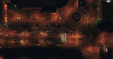 Aerial drone night flight over streets and park near Central Station Saint Peter Stock Footage 68842454