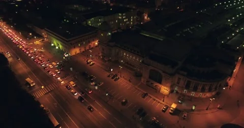 Aerial drone night flight over streets and park near Central Station Saint Peter Stock Footage 68842459