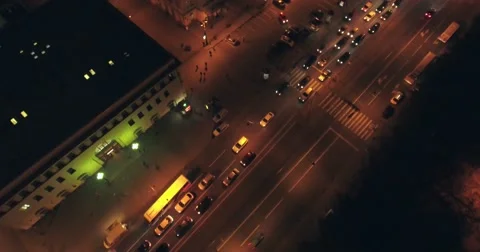 Aerial drone night flight over streets and park near Central Station Saint Peter Stock Footage 68842490
