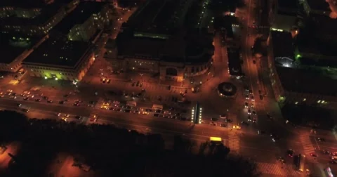 Aerial drone night flight over streets and park near Central Station Saint Peter Stock Footage 68842571
