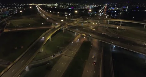 Aerial drone night flight over  highway interchange Stock Footage 69152854