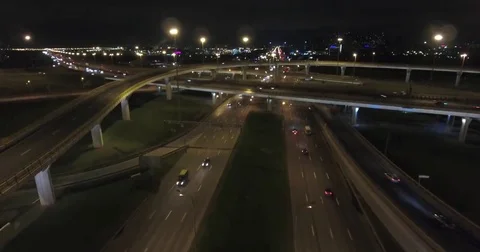 Aerial drone night flight over  highway interchange Stock Footage 69152871