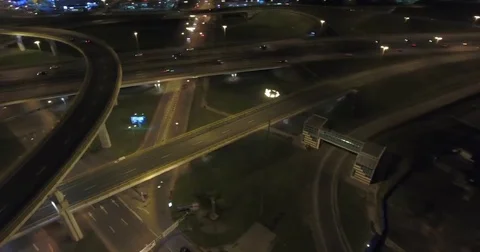 Aerial drone night flight over  highway interchange Stock Footage 69152945