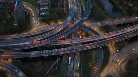 Aerial drone night view of a multi-level highway intersection Stock Footage 291534320