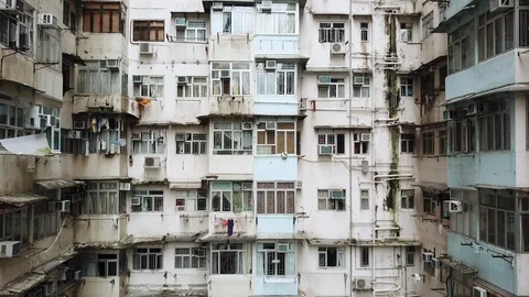 Aerial Drone - Old Apartment Complex in Hong Kong China Stock Footage 89193090