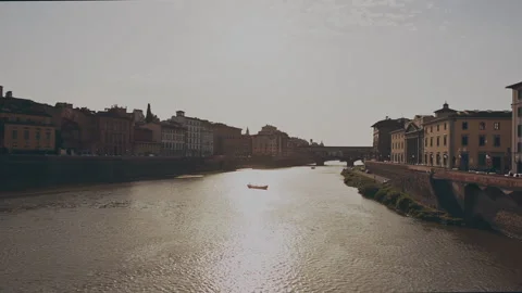 Aerial drone or quadrocopter view of alone boat or handola on river or canal in Stock Footage 138261359