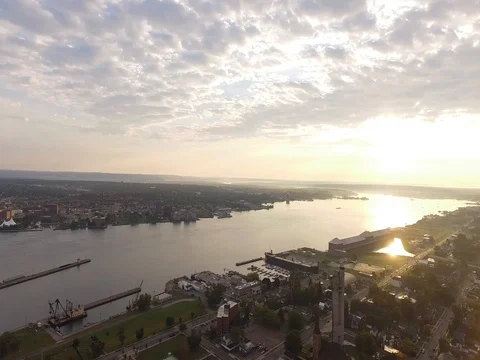 Aerial drone orbit full 360 around St Mary's River in Sault Ste Marie Stock Footage 80895663