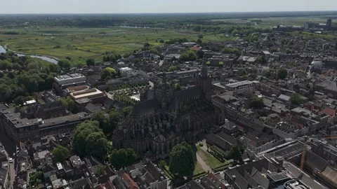 Aerial Drone Orbit Left of Gothic European Cathedral in Old City, Overcast 1 Видео 308821601