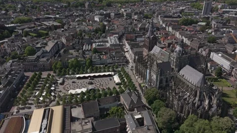 Aerial Drone Orbit Left of Gothic European Cathedral in Old City, Bright  Stock Footage 308821628