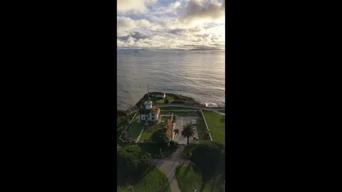 Aerial Drone Orbit of Point Fermin Lighthouse at Sunset San Pedro California Stock Footage 328127890
