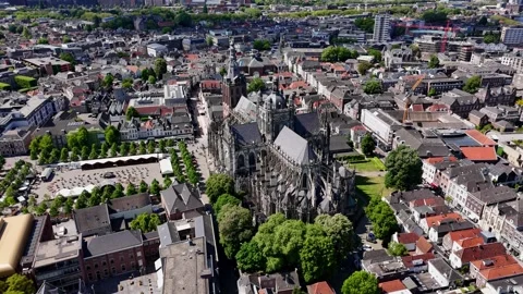 Aerial Drone Orbit Right of Gothic European Cathedral in Old City, Bright  Stock Footage 308821624