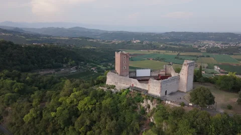 Aerial drone orbit rotation around a historic Italian castle Stock Footage 342537823