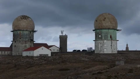 Aerial drone orbit of Serra da Estrela and its historic observation towers Stock Footage 296010305