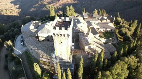 Aerial drone Orbit tower view Gargonza Castle Tuscany Italy Stock Footage 168539595