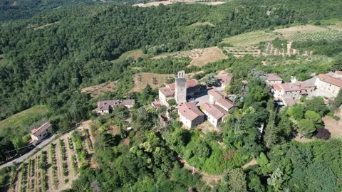 Aerial drone orbit view Castle of Bibbiano Casentino Valley Tuscany Italy Stock Footage 167516791