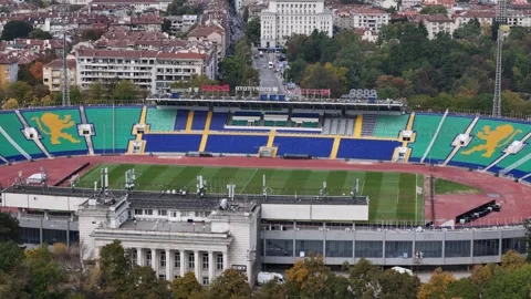 Aerial drone orbit view of empty Vasil Levski National stadium in Sofia Stock Footage 318968012