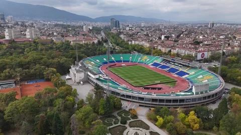 Aerial drone orbit view of empty Vasil Levski National stadium in Sofia Stock Footage 318968026