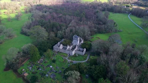 Aerial Drone Orbiting Muckross Abbey, Killarney National Park, Ireland Stock Footage 301408552