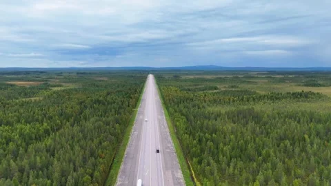 Aerial drone over E75 highway through Lapland taiga forest opposite view Vidéo 331873705