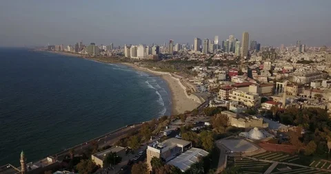 Aerial drone over Jaffa Tel Aviv Herzliya Beach And Marina. Israel Stock Footage 100362268