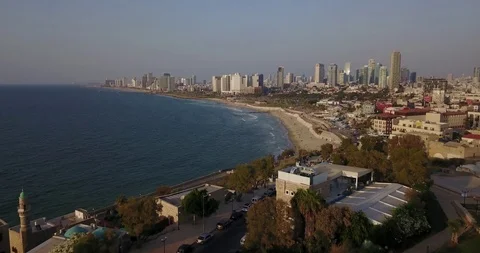 Aerial drone over Jaffa Tel Aviv Herzliya Beach And Marina. Israel Stock Footage 100362553
