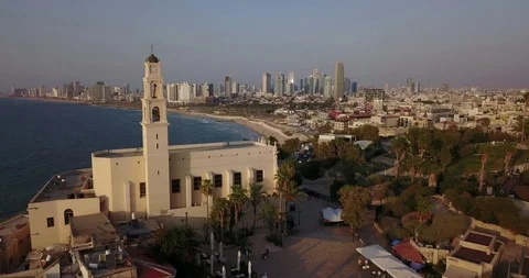 Aerial drone over Jaffa Tel Aviv Herzliya Beach And Marina. Israel Stock Footage 100362718