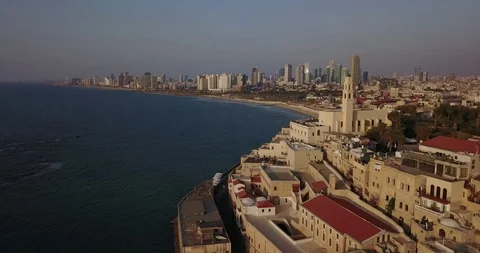 Aerial drone over Jaffa Tel Aviv Herzliya Beach And Marina. Israel Stock Footage 100362896