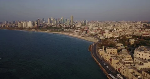 Aerial drone over Jaffa Tel Aviv Herzliya Beach And Marina. Israel Stock Footage 100362966