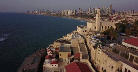 Aerial drone over Jaffa Tel Aviv Herzliya Beach And Marina. Israel Stock Footage 100363050