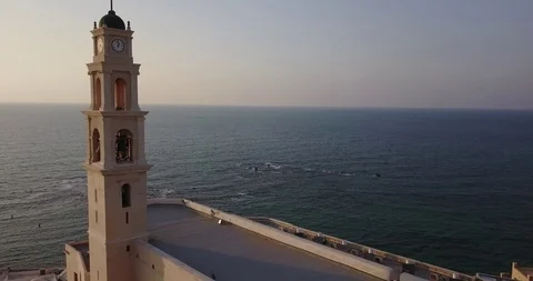 Aerial drone over Jaffa Tel Aviv Herzliya Beach And Marina. Israel Stock Footage 100363135