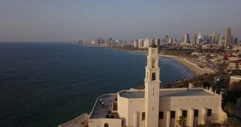 Aerial drone over Jaffa Tel Aviv Herzliya Beach And Marina. Israel Stock Footage 100363200
