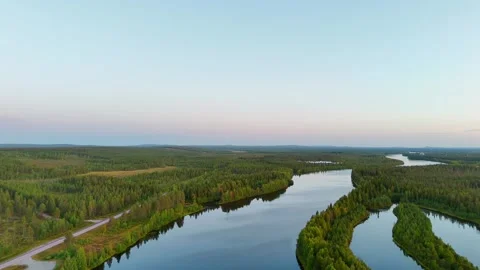 Aerial drone over Kitinen River Lapland during golden hour Vidéo 331866468