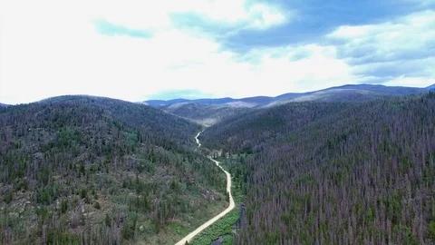 Aerial drone over mountain forest road Stock Footage 80358052