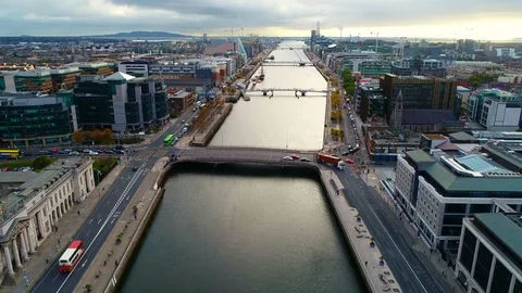 An Aerial Drone over the River Liffey, Dublin, Ireland. Stock Footage