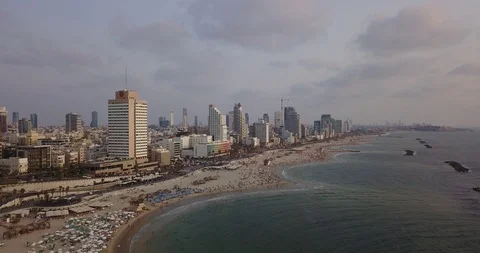 Aerial drone over Tel Aviv Herzliya Beach And Marina. Israel Stock Footage 100363302
