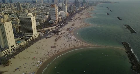 Aerial drone over Tel Aviv Herzliya Beach And Marina. Israel Stock Footage 100363527