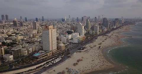 Aerial drone over Tel Aviv Herzliya Beach And Marina. Israel Stock Footage 100363626
