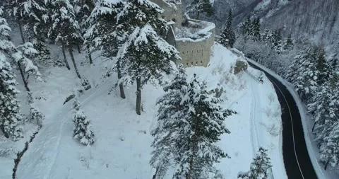 Aerial drone overhead view of medieval Predil fortress in Slovenia Stock Footage 144787364