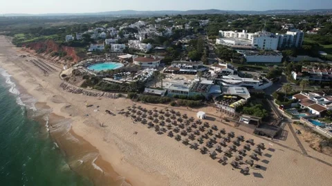 Aerial drone overview of Quinta do Lago resort buildings in Vale do Lobo Stock Footage 244535889