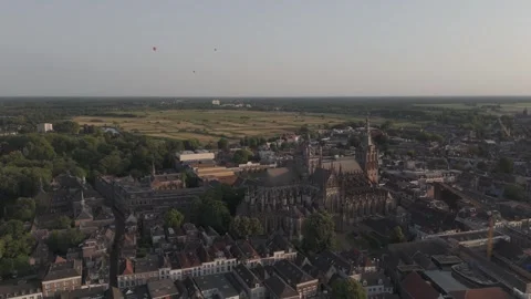 Aerial Drone Pan-Down View Of Historic European Cathedral At Golden Hour Stock Footage 327559865