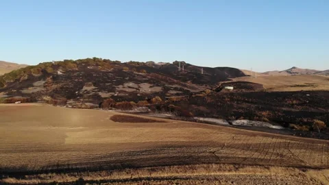 Aerial Drone Pan Over Full Wildfire Devastation at Golden Hour, Napa, 4K Vídeo Stock 334588095