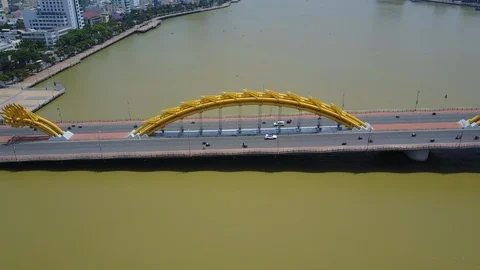 Aerial Drone Pan of Traffic on Dragon Bridge - Da Nang Vietnam Stock Footage 87142003