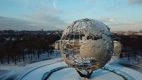 Aerial Drone pan of Unisphere Flushing Meadows NYC Stock Footage 103814031