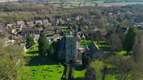 Aerial Drone Panning Down View Of Front Of Old English British Church Stock Footage 303354804