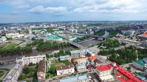 Aerial drone panning shot of the city of OMSK, Russia Stock Footage