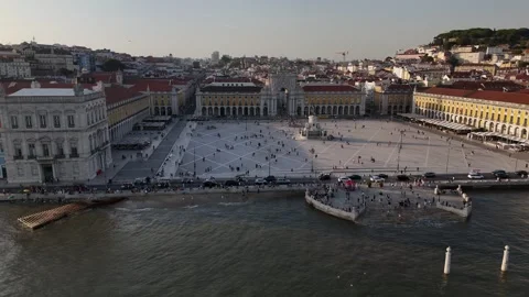 Aerial drone panning view of Praca do Comercio in Lisbon, Portugal Stock Footage 314840296